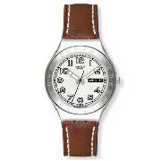 Swatch - Men's White Round Dial and Brown Leather Strap Watch