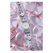 Swatch - Women's Silver Dial Crystal and Flower Bracelet Strap Watch