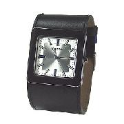 Bench Men's Silver Square Dial and Black Leather Cuff Watch