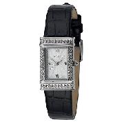 Oasis Ladies' Black Leather Stone-Set Watch