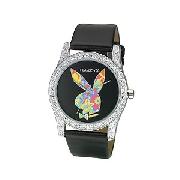 Playboy Ladies' Stone-Set Black Leather Strap Watch