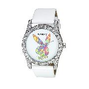 Playboy Ladies' Stone-Set White Leather Strap Watch