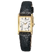 Seiko Ladies' Gold-Plated Black Leather Strap Watch